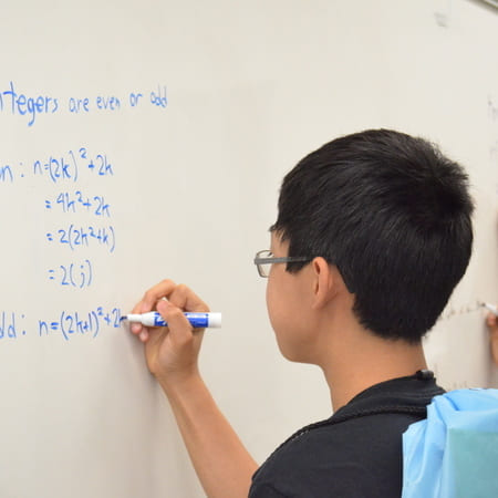Student does math at the board.